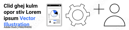 Smartphone screen with a pie chart and report, a gear for settings, and a user icon with a plus sign. Ideal for data analysis, tech integration, UX design, settings, mobile apps, team management