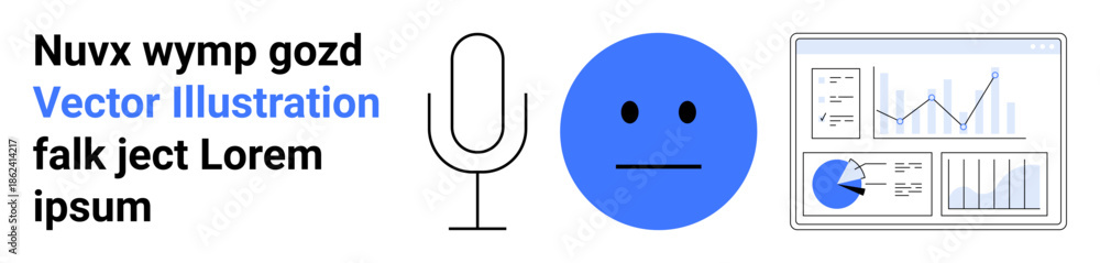 Fototapeta premium Microphone, neutral emoticon, and analytics dashboard with charts and graphs. Ideal for communication, podcasting, feedback, AI, emotions, data analysis and a simple landing page