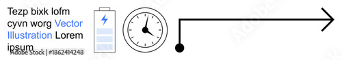 Energy efficiency, time management, productivity, process visualization, workflow, task prioritization. Battery icon, clock and arrow showing energy and time flow. Energy efficiency and time