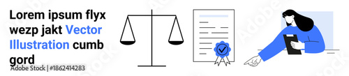 Legal proceedings, contract signing, certification, law services, documentation, professional agreements. Scales, certified paper person signing. Legal proceedings and contract signing concept