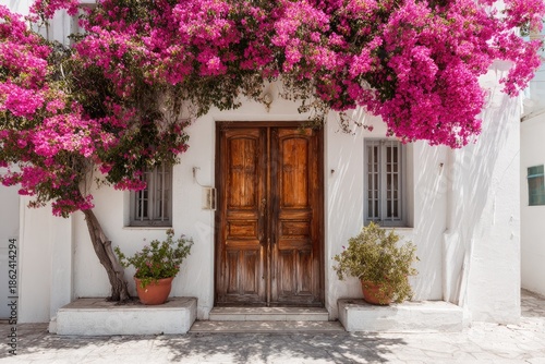 Charming white home with wooden door, flowering bougainvillea