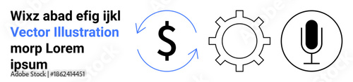 Finance, technology, communication, workflow, monetary transactions, audio services. Circular dollar arrows, gear and microphone icons are . Finance and technology concept visualization