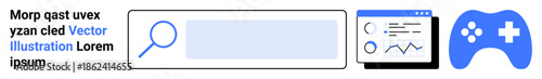 Technology, user interface, data analysis, gaming, search functionality, digital tools. Search bar, analytics dashboard game controller icons. User interface and data analysis concept