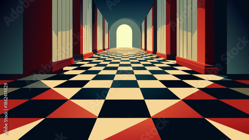 Bold Checkerboard Hallway With Geometric Columns Leading To Light