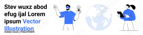 Technology collaboration, global communication, innovation, teamwork, idea development, digital solutions. Two people, one holding a lightbulb, another with a tablet standing near a globe icon