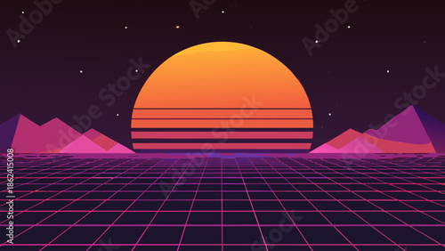 Retro Sunset Over Neon Grid Landscape