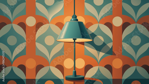 Retro Teal Lamp Against Geometric Pattern