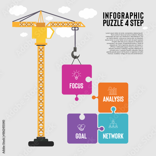 Vector infographic 4 step puzzle with creative tower crane illustration, for business diagram template presentation. Infographic puzzle 4 options. Vector editable.