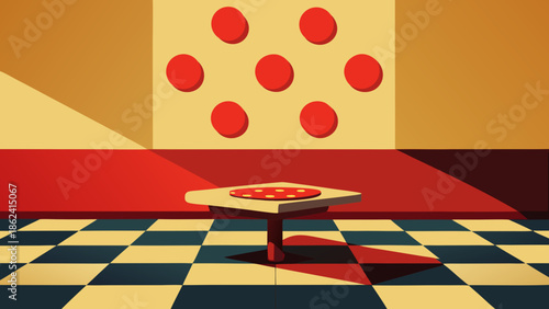 A stylized pizza design with pepperoni dots on a table