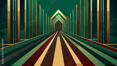 Abstract Geometric Tunnel with Repeating Stripes and Golden Accents