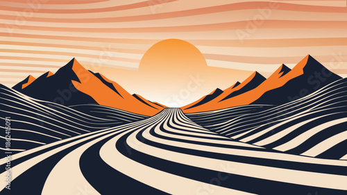 Abstract landscape with sun setting over striped valley