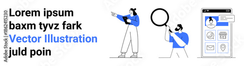 Two people analyzing user profiles, one pointing at a tablet, and the other examining with a magnifying glass. Ideal for teamwork, research, analytics, user experience, profile management, design