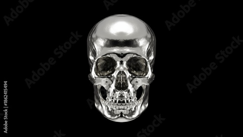Shiny silver human skull isolated on black background, high resolution metallic chrome steel skeleton 3D illustration.