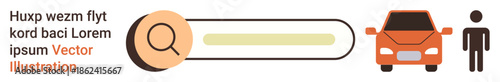 Search optimization, navigation tools, transportation services, car rental, vehicle search, mobility technology. Magnifying glass over search bar, a car and person icon. Search optimization