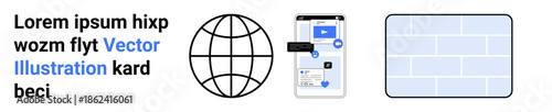Online communication, digital content creation, global technology, networking, data sharing, modern interfaces. Features a globe, mobile screen with chat interface and a grid pattern. Online