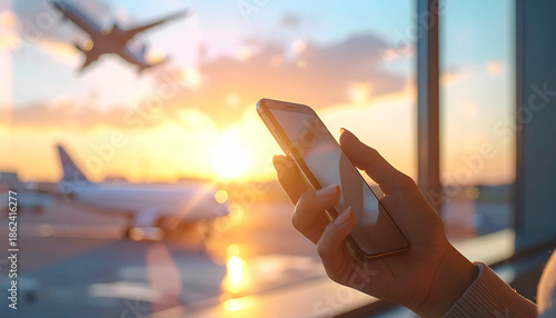 Waiting for Departure: A person holds a mobile device in an airport terminal, while an airplane takes off at sunset. Capturing the moment of waiting for departure.