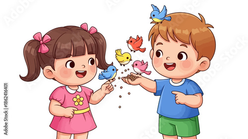 Happy Eid Cartoon with Smiling Muslim Kids in Traditional Clothes