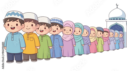 Happy Eid Cartoon with Smiling Muslim Kids in Traditional Clothes
