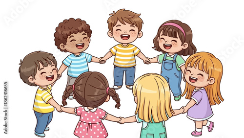 Happy Eid Cartoon with Smiling Muslim Kids in Traditional Clothes