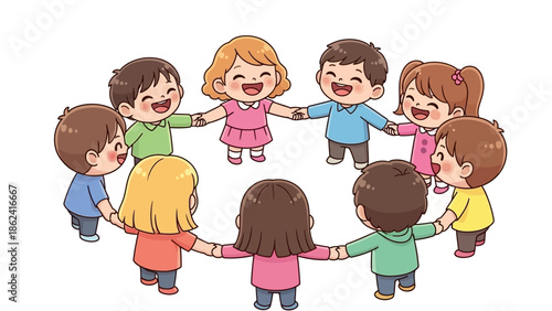 Happy Eid Cartoon with Smiling Muslim Kids in Traditional Clothes