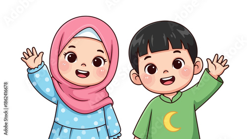 Happy Eid Cartoon with Smiling Muslim Kids in Traditional Clothes