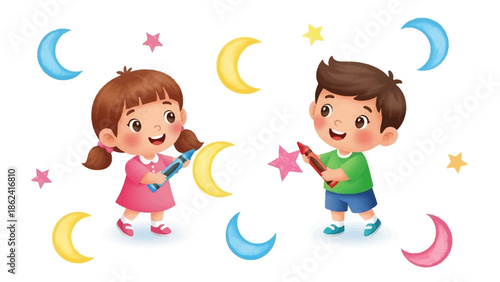 Happy Eid Cartoon with Smiling Muslim Kids in Traditional Clothes