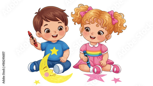 Happy Eid Cartoon with Smiling Muslim Kids in Traditional Clothes