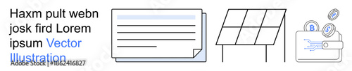 Renewable energy, blockchain, digital transactions, document management, clean energy, technology innovation. Line art of a solar panel, wallet with blockchain coins and digital document. Renewable