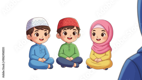 Happy Eid Cartoon with Smiling Muslim Kids in Traditional Clothes