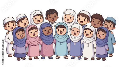 Happy Eid Cartoon with Smiling Muslim Kids in Traditional Clothes