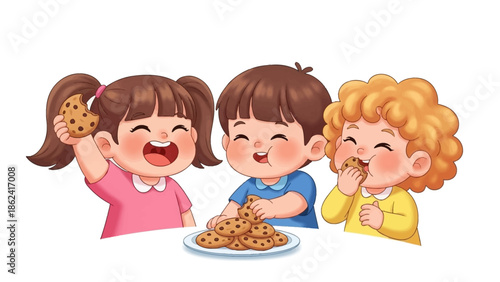 Happy Eid Cartoon with Smiling Muslim Kids in Traditional Clothes