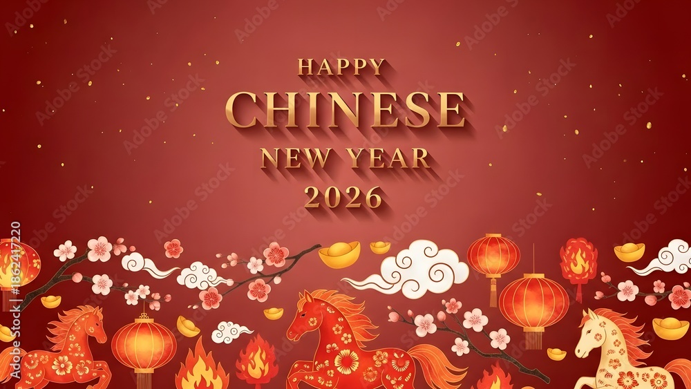 Naklejka premium Digital illustration of a Happy Chinese New Year 2026 greeting card with vibrant red and gold lanterns, flowers, and