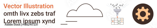 Data processing, information systems, cloud computing, digital transformation, automation, technology workflows. A cloud, funnel table and gear data flow and process. Data processing and cloud
