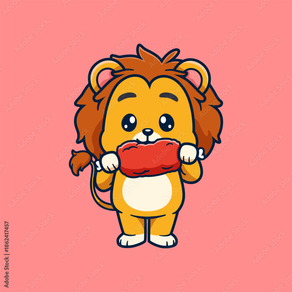 Fototapeta premium Cute Lion Cartoon Character eating big meat