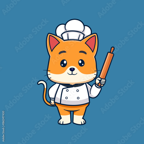 Cute Cartoon Cat Chef Holding Rolling Pin Illustration