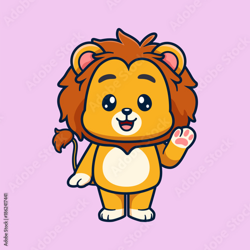 Cute Lion Mascot Cartoon Character Waving Hand