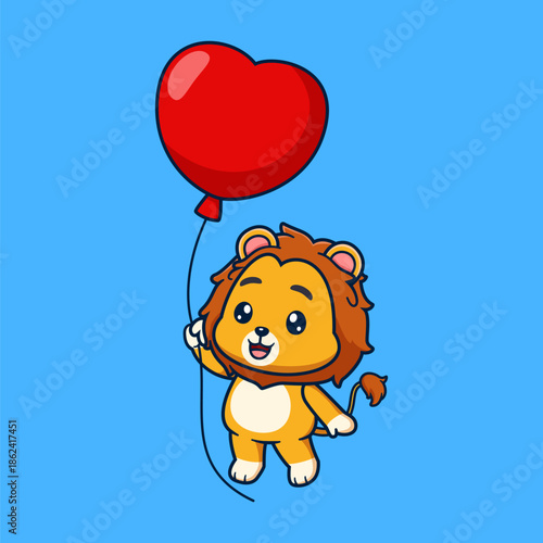 Cute Lion Cartoon Character Flying with Heart Balloon