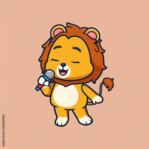 Cute Lion Cartoon Character Singing with Microphone