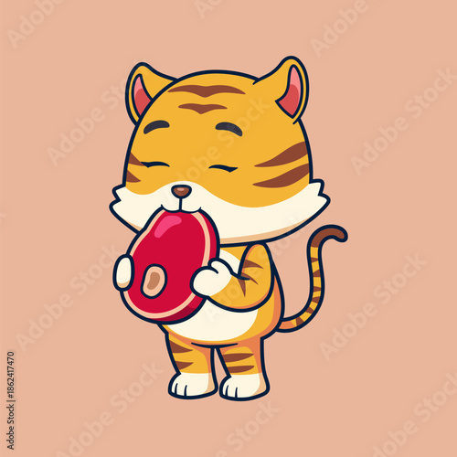 Cute Cartoon Tiger Eating Meat Illustration