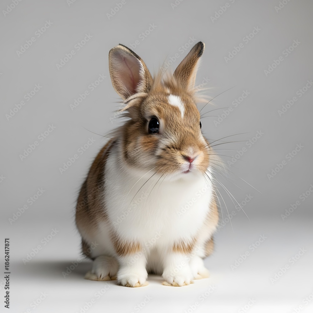 Obraz premium Close-up Portrait of a Cute Brown and White Rabbit Sitting on a Neutral Gray Background in Studio Setting