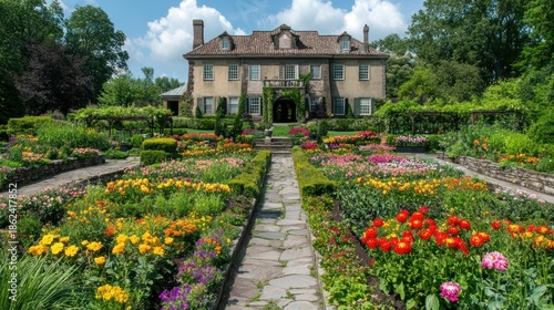 Grand estate garden path, vibrant flowers, historic house