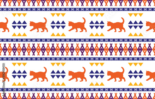 Cat pattern. Seamless. White stripes, colorful background. Ethnicity. Floral patterns, printed fabrics, pants, Lanna.	
