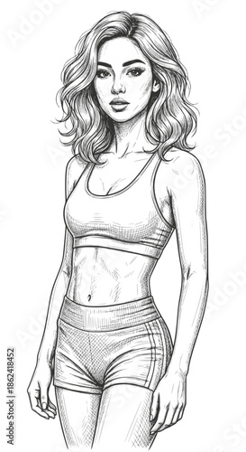 Athletic girl. Black and white line sketch portrait of a beautiful sports woman. Character design. Transparent background SVG version.