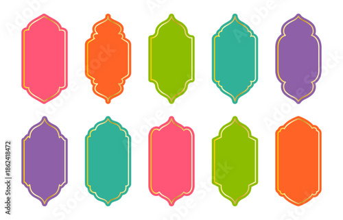 Islamic arches, windows and doors with thin gold border. Arabic Ramadan inspired architectural frames combining bright colors and elegant golden trim.