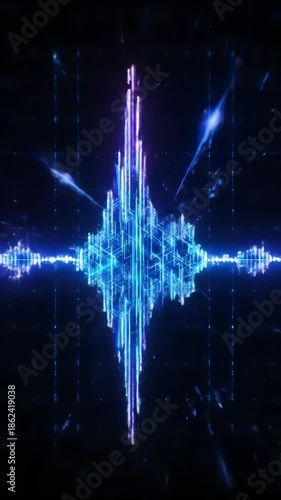 An abstract digital art visualization of a pulsating sound waveform in vibrant blue and purple hues, set against a deep space background with scattered sparkling light particles.