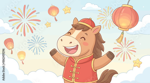 A joyful cartoon horse in traditional Chinese attire celebrating the Lunar New Year with fireworks and lanterns.