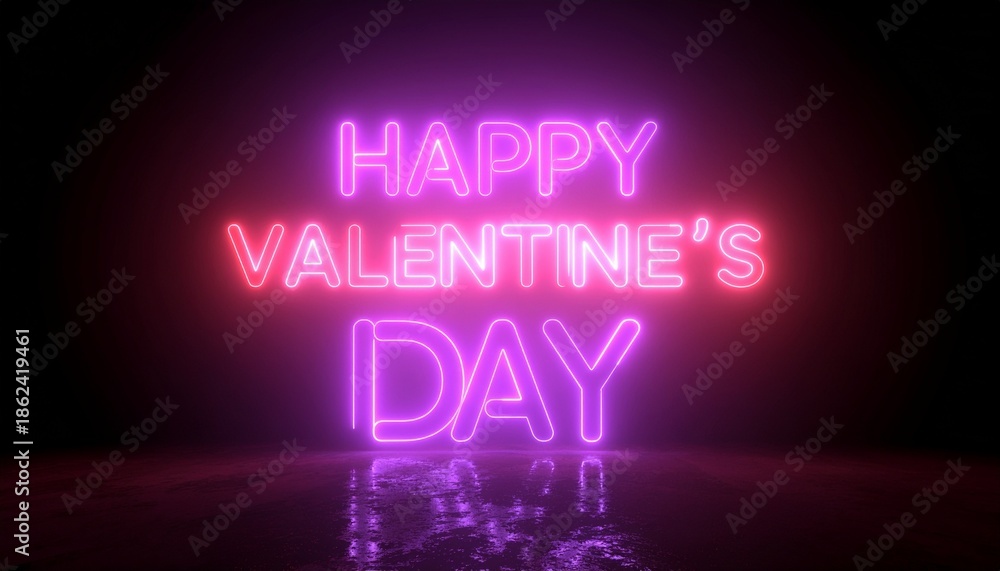 Obraz premium Happy Valentines Day Neon Sign Glowing in Dark Room with Reflection.