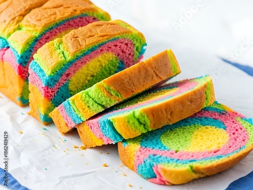 Vibrant Sliced Rainbow Swirl Bread on White Parchment Paper