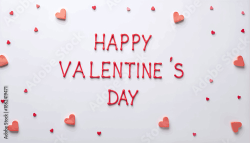 Happy Valentines Day text with small red hearts on a white background.