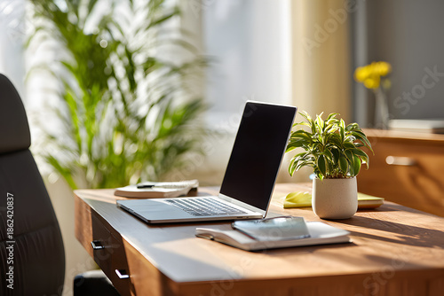 Wallpaper Mural Workspace with laptop, notepad, and plants in a sunlit room during afternoon hours Torontodigital.ca